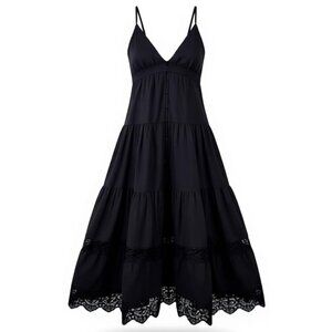 H&M Lace Trim Strappy Dress XS Black Button Front Tie Back Lined